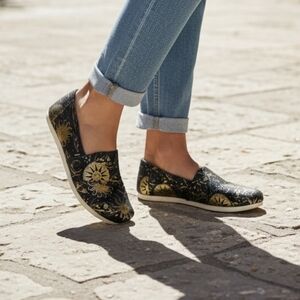 Toms Black and Gold Floral Loafers